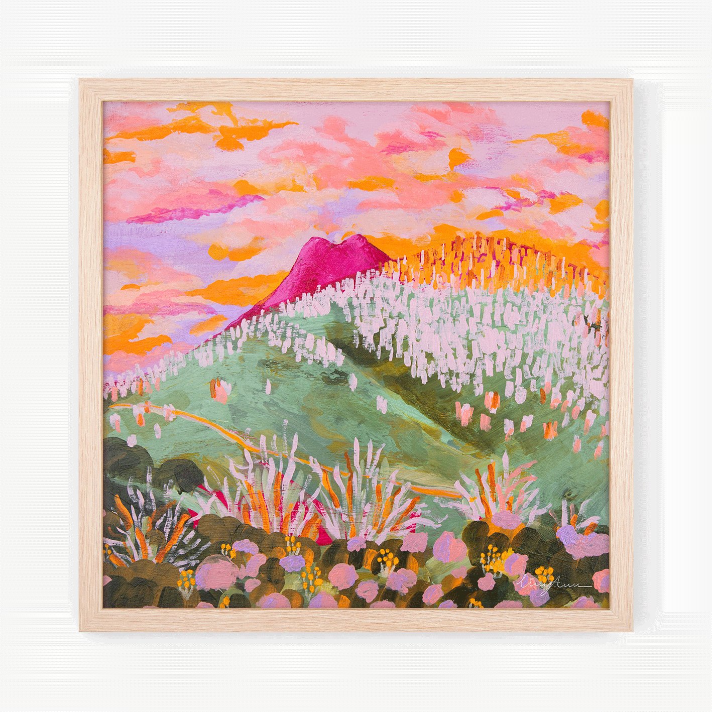 A framed fine art print of an original landscape artwork painting of the Grey Mare range and Mount Jagungal in Kosciuszko National Park created by Lizzy Ann Art.