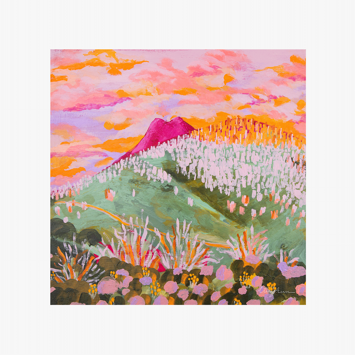 An unframed fine art print of an original landscape artwork painting of the Grey Mare range and Mount Jagungal in Kosciuszko National Park created by Lizzy Ann Art.