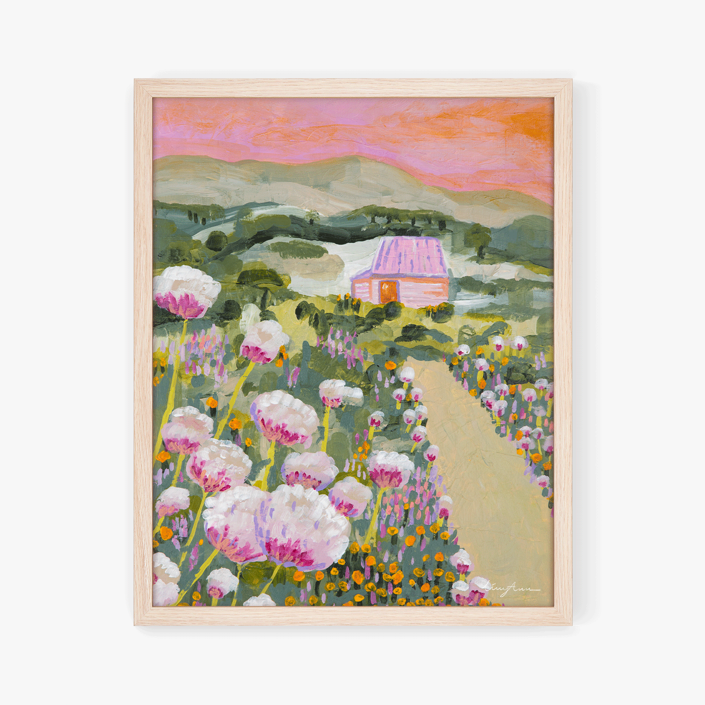 A fine art print framed of Derschko's hut in Spring, artwork by Lizzy Ann Art