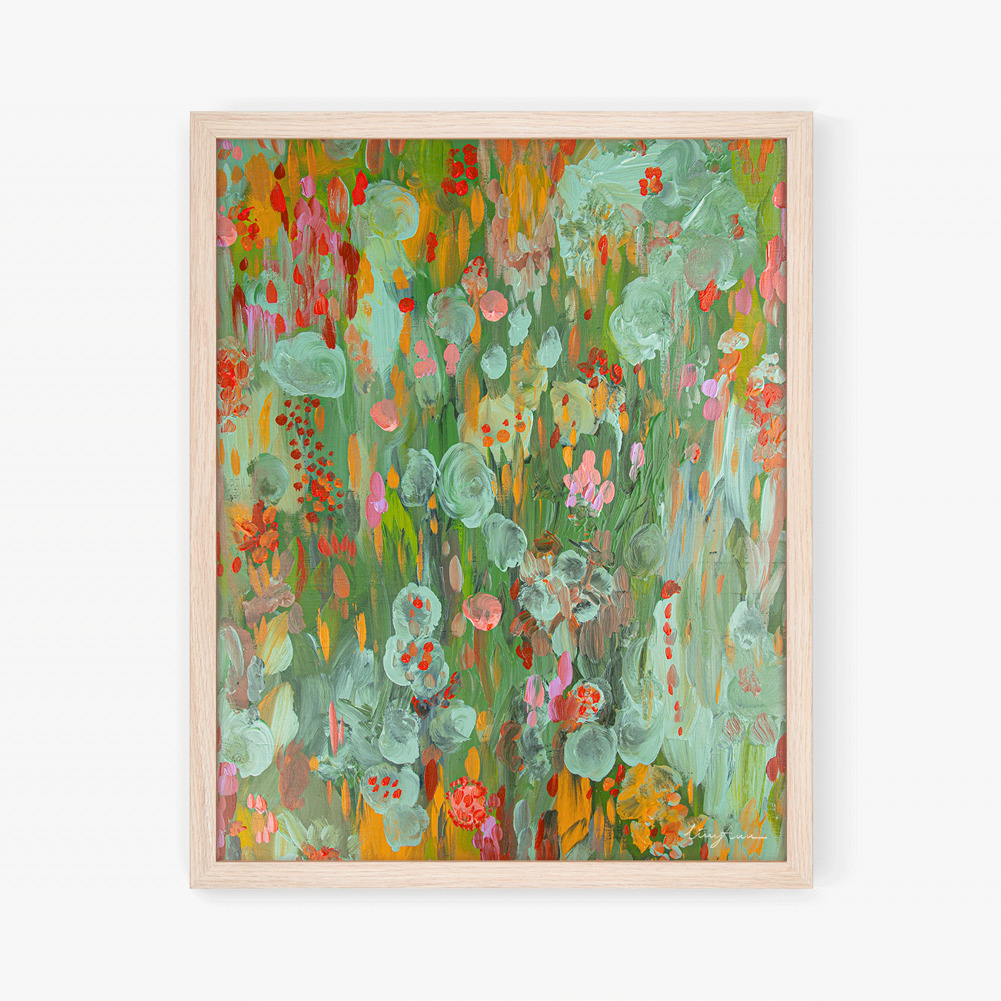 A framed fine art print painting of floral foliage created by Lizzy Ann Art.