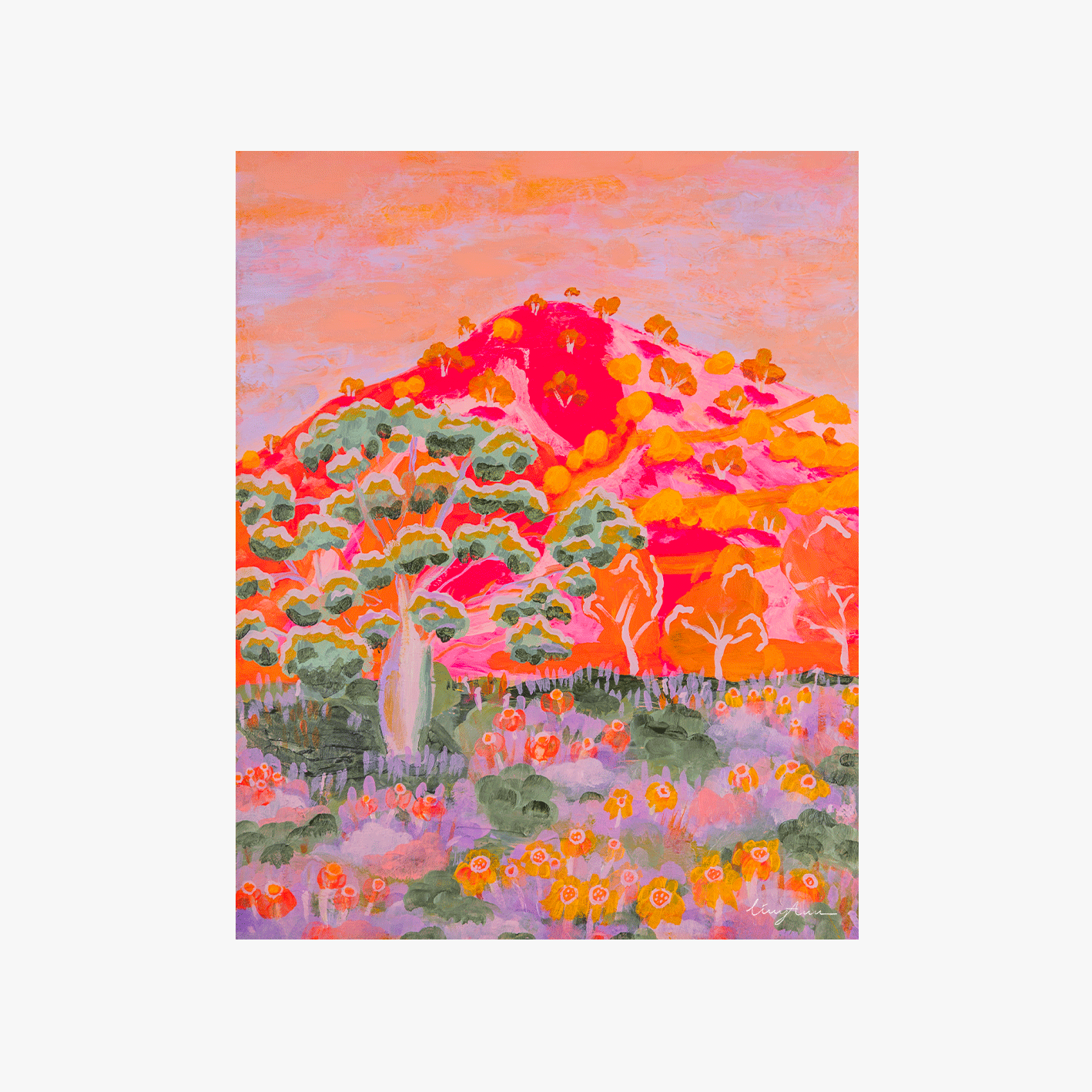 A colourful fine art painting of Mount Kimo in Gundagai created by Lizzy Ann Art.