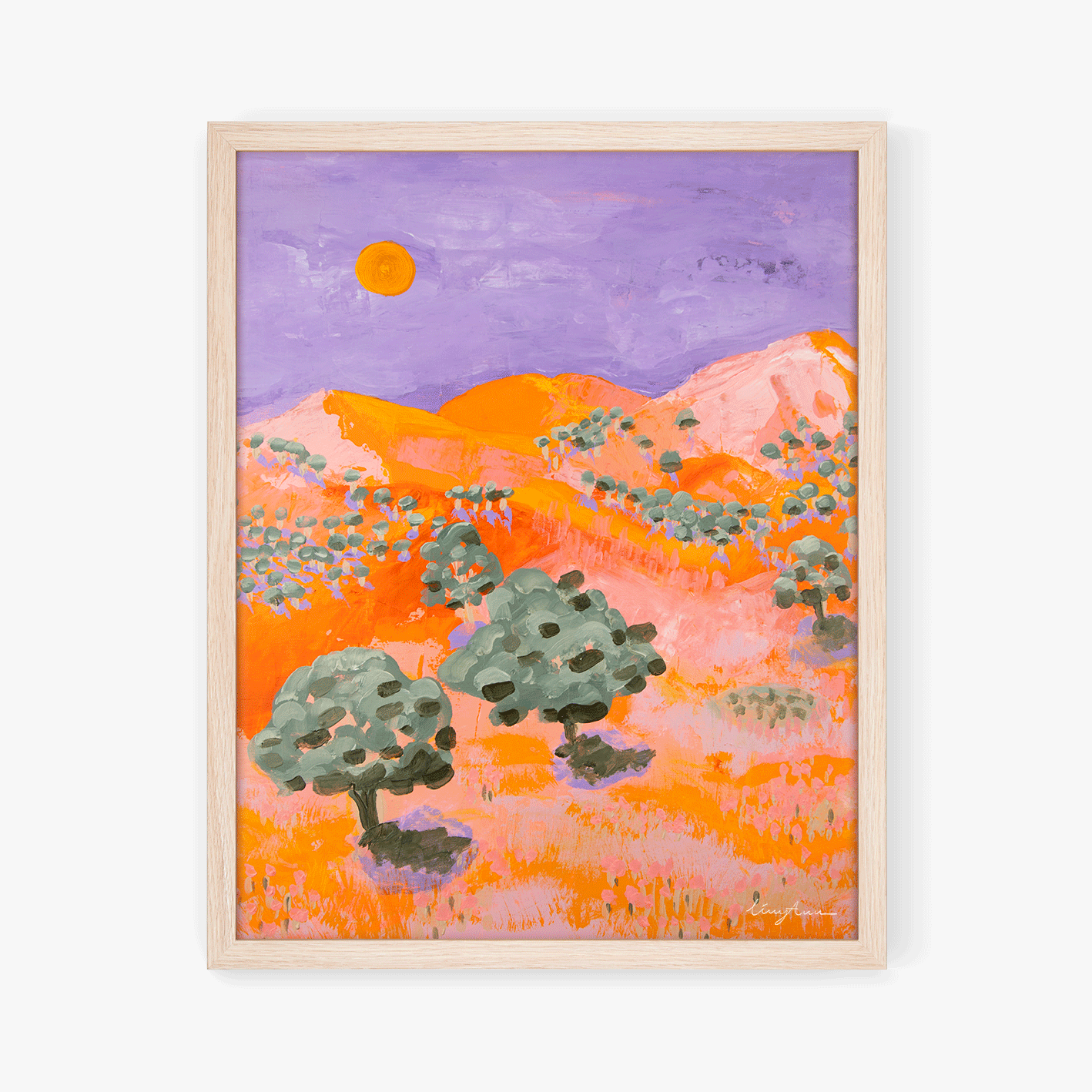A framed fine art print painting of colourful rolling hills of Gundagai created by Lizzy Ann Art.