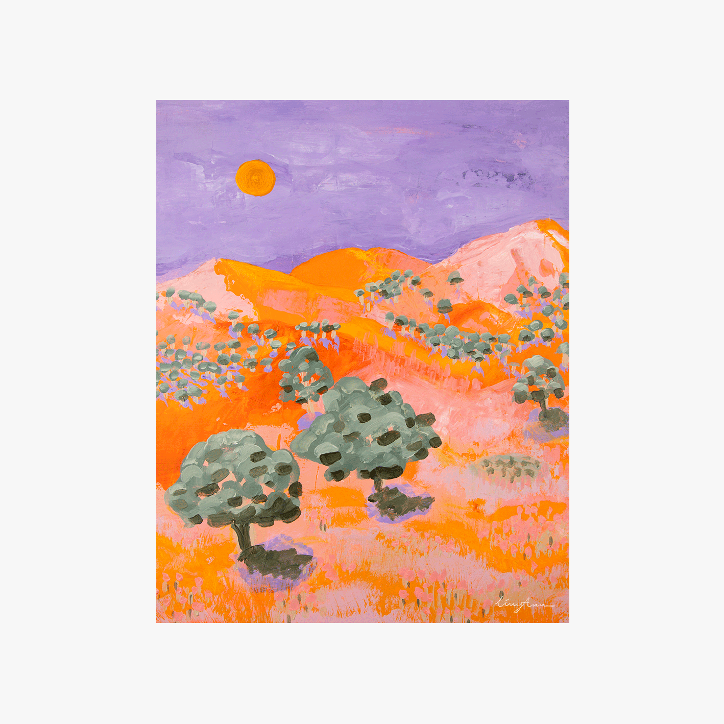 An unframed fine art print painting of colourful rolling hills of Gundagai created by Lizzy Ann Art.