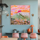 A framed fine art print of an original landscape artwork painting of the Grey Mare range and Mount Jagungal in Kosciuszko National Park hanging on a wall in a room created by Lizzy Ann Art.